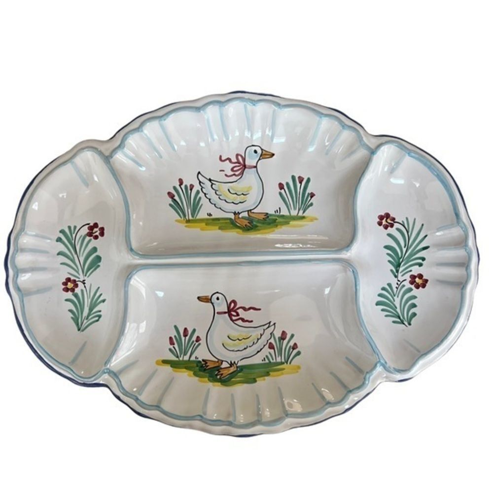 Vintage Deruta Italian Pottery Divided Serving Platter Ducks 13 X 9 1/2